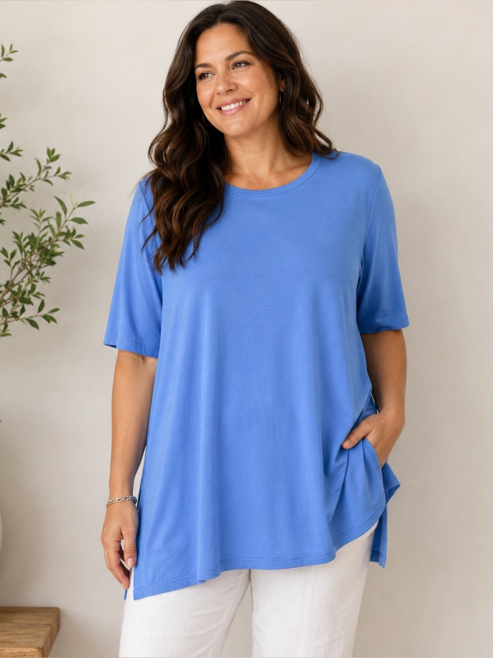 Eileen Fisher Blue Tencel Lyocell Jersey Tunic Top L Soft Stretch Minimalist